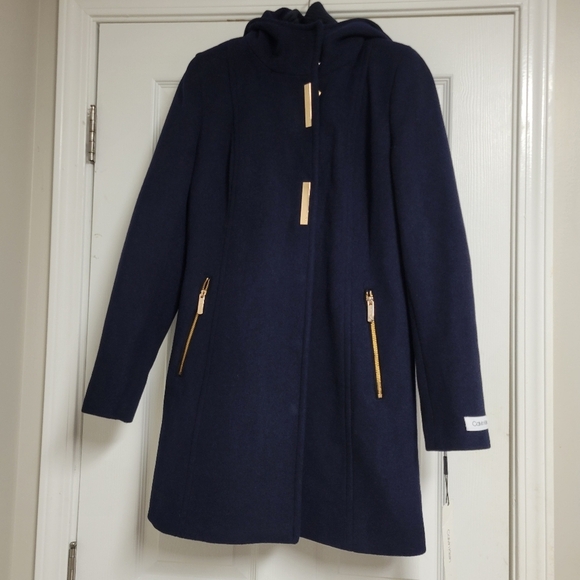 Calvin Klein NWT Faux Suede Elbow Patches Hooded Wool Blend Coat Size Small. - Picture 6 of 13